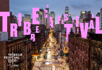 New York City skyline at night with the words "Tribeca Festival" in pink