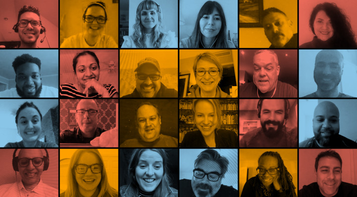 A grid of photos of Audible employees on a video call together with filter overlaps in blue, yellow and pink for different squares of the grid.