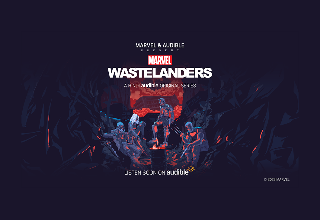 The cover art for the Japanese edition of Marvel and Audible's "Marvel's Wastelanders" shows a few super heroes sitting around a garbage can fire in a cave with a red clouded world glimpsed out of the cave's opening in the background.