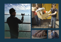 A collage of images against a blue background shows 1) Audible sound design Alex Trajano holding a two-sided Dolby microphone while standing by the Thames river wearing a warm hat and parka; 2) sound designer Darren Vermaas in the Audible studio with a colleague as they knock over piled up boxes, metal pot lids and plastic bottles to record sound effects; 3) a Foley artist's hands on two clay balls he's using to create the sound of horses' hooves; and 4) Darren crouching in a dog shelter wearing earphones over a warm cap and a hoodie while holding a recording device with wound up cord.