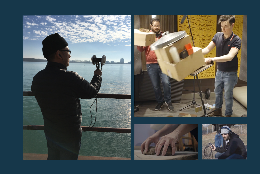 A collage of images against a blue background shows 1) Audible sound design Alex Trajano holding a two-sided Dolby microphone while standing by the Thames river wearing a warm hat and parka; 2) sound designer Darren Vermaas in the Audible studio with a colleague as they knock over piled up boxes, metal pot lids and plastic bottles to record sound effects; 3) a Foley artist's hands on two clay balls he's using to create the sound of horses' hooves; and 4) Darren crouching in a dog shelter wearing earphones over a warm cap and a hoodie while holding a recording device with wound up cord.