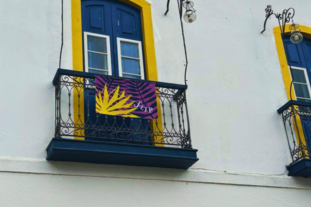 a balcony with a sign on it