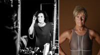 Margaret Trudeau, wearing a black dress with a white collar, examines her reflection in a mirror. In a side by side photo, Diana Nyad stands in a bathing suit staring directly at the camera with her hands on her hips.