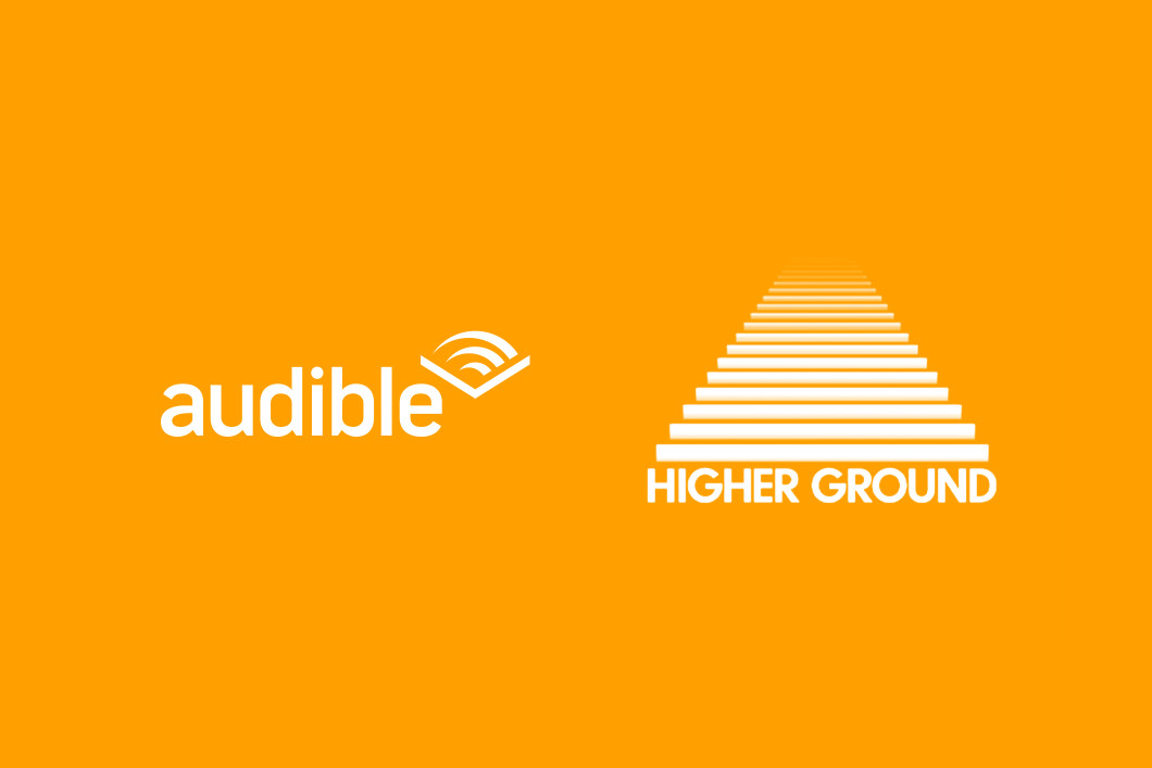 The Audible and Higher Ground logos are in white, side by side, on an orange background. 