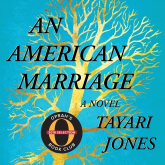 This photo collage includes cover art for five audiobooks, including Tayari Jones' "American Marriage".  The title and author's name appear in black letters against a light blue background with a gold tree etched on it. The "Oprah's Book Club 2018 selection" sticker also appears on it. 
