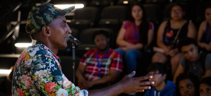 Chef Marcus Samuelsson speaking with Audible's high school interns and scholars.