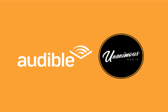 Set against a orange background, the Audible logo sits next to the Unanimous logo.