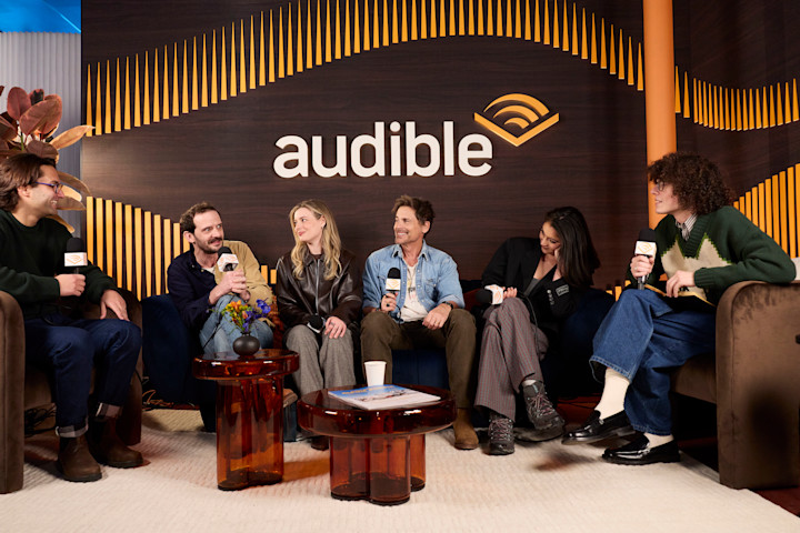 Alex Heller, Will Brill, Gillian Jacobs, Rob Lowe and Giselle Bonilla with Reece Feldman in the Audible Lounge.