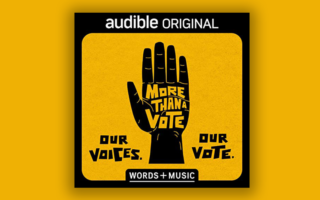 Set against a yellow background, the cover artwork of "More Than A Vote" features a drawing of a hand with fingers spread out and the words "More Than A Vote" is written on the palm with "Our Voices" and "Our Vote" flanking on either side of the hand.
