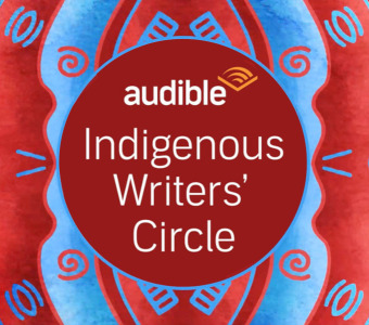 Audible's logo is at the top of a center circle, with the words "Indigenous Writers' Circle below it. Surrounding the center circle is artwork created by Jordan Stranger, a pattern of red and blue zig zags that have symbolic meaning to the native communities in Canada.