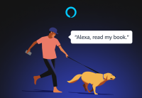 An illustration of a man walking his dog. There is a speech bubble which reads, "Alexa, read my book."