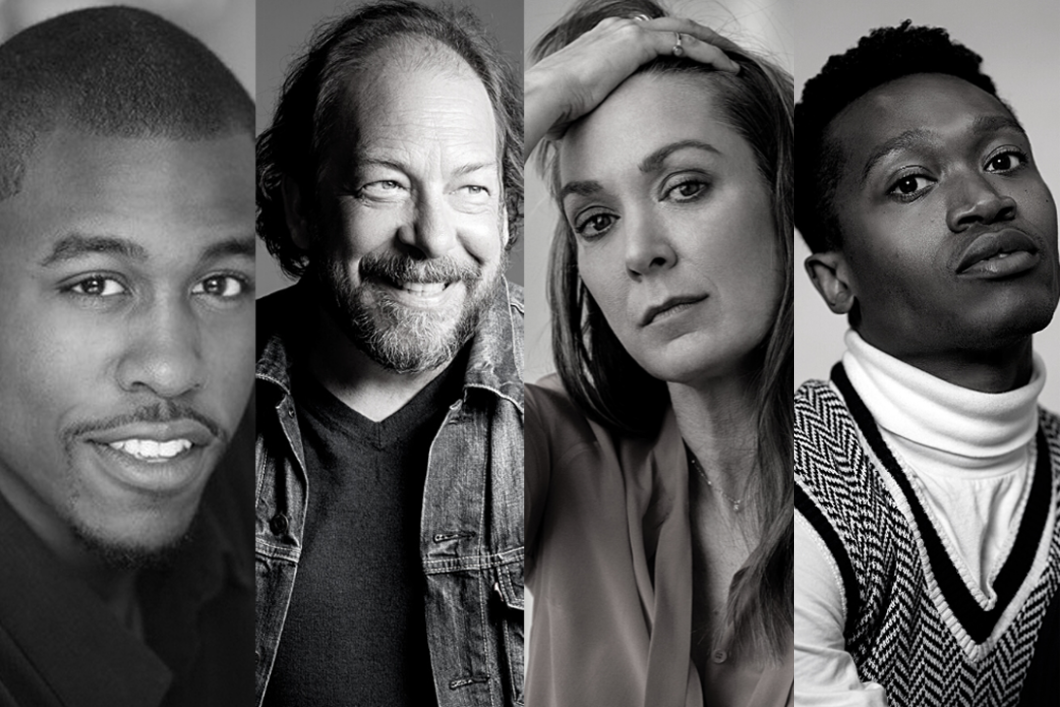 Black and white photos of the cast which includes Jason Bowen, Bill Camp, Elizabeth Marvel, and Ato Blankson-Wood.
