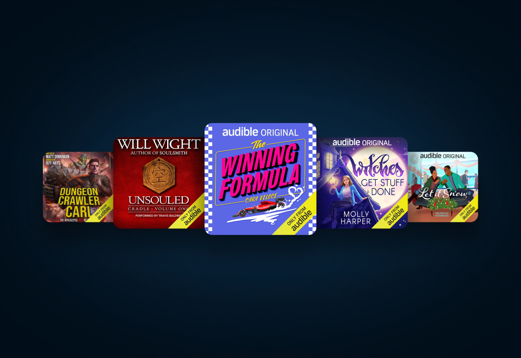 The cover art for "Dungeon Crawler Carl," "Unsouled," "The Winning Formula," "Witches Get Stuff Done" and "Let It Snow" on a dark background.