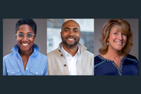 Three headshots of Audible employees Ara Tucker, Brian Quinn and Anne Eni sit side by side against a black frame. They are all looking straight to camera and smiling.