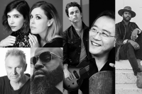 Musicians are set in a collage in black and white. Photo credits: Top left – Sleater-Kinney by Nikko LaMere; Bottom left – Sting by Mayumi Nashida; Tariq Trotter by Joshua Woods; Left to right – Billie Joe Armstrong by Greg Schneider; Yo-Yo Ma by Jason Bell; Gary Clark Jr. by Frank Maddocks.