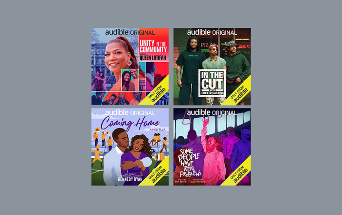 The ASIN covers for four new Audible titles are in a grid on a grey background. The titles are: Unity in teh Community by Queen Latifah; In the Cut with Ghetto Gastro; Coming Home by Kennedy Ryan; and Some People Have Real Problems by Brit Bennett.
