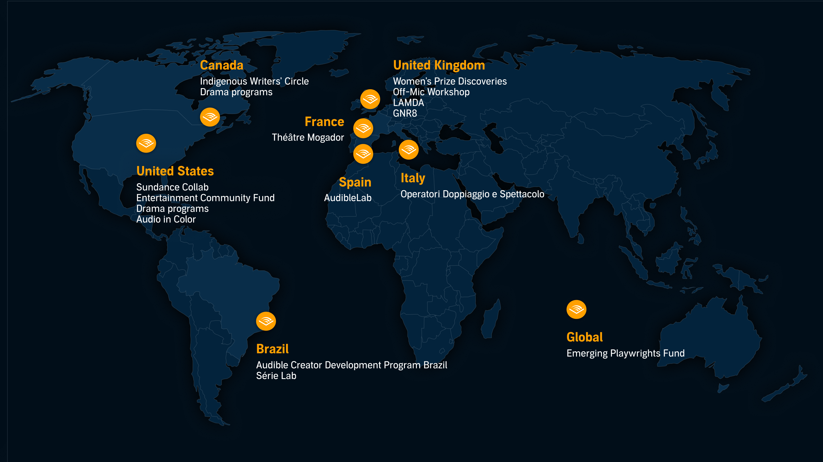 A map of the world with various creator programs tied to the parts of the world they're in.