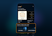 An image of the Audible app, showing collections of recommended listens about archaeology and artificial intelligence. 