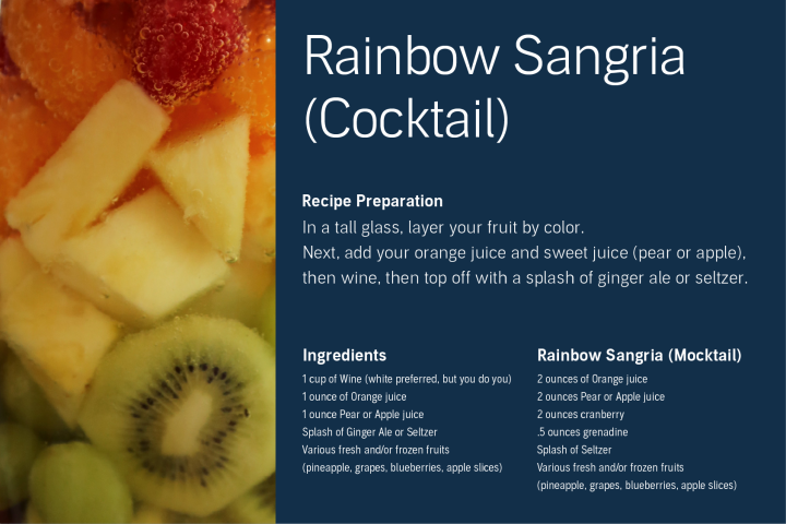 The ingredients and instructions for making a rainbow sangria cocktail and mocktail sit against a blue background. A close up of fruit in liquid runs down the left side of the image.