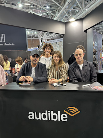 Roberta Bellesini with (seated L to R) "Io uccido" stars Marco D’Amore, Barbara Ronchi, and Filippo Nigro.
