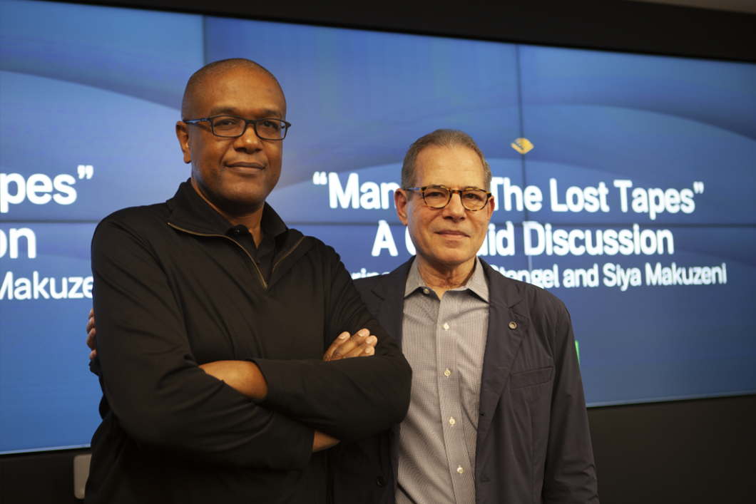 Executive editor Christopher Farley poses with “Mandela: The Lost Tapes” author Richard Stengel at the Audible headquarters in Newark.