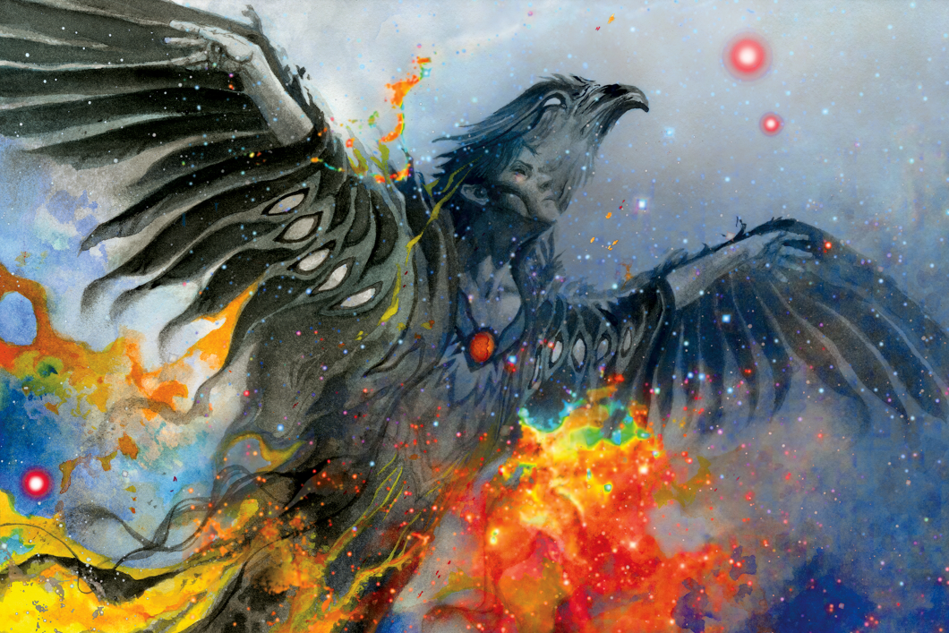 A colorful illustration of a phoenix rising from fire and ashes. Within the wings and head of the phoenix is a drawing of a woman spreading her arms in flight.