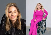Photos of Gabby Bernstein in a black leather coat and Ali Stroker in a hot pink dress. 