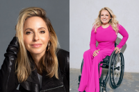 Photos of Gabby Bernstein in a black leather coat and Ali Stroker in a hot pink dress. 