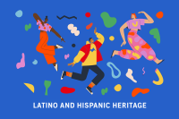 Against a blue background, three people are illustrated in joyful movement--arms up or pointing, legs raised, as if dancing or jumping.  Around them are brightly colored design elements like squiggles, circles, and loops. At the bottom, white text reads, Latino and Hispanic Heritage. 