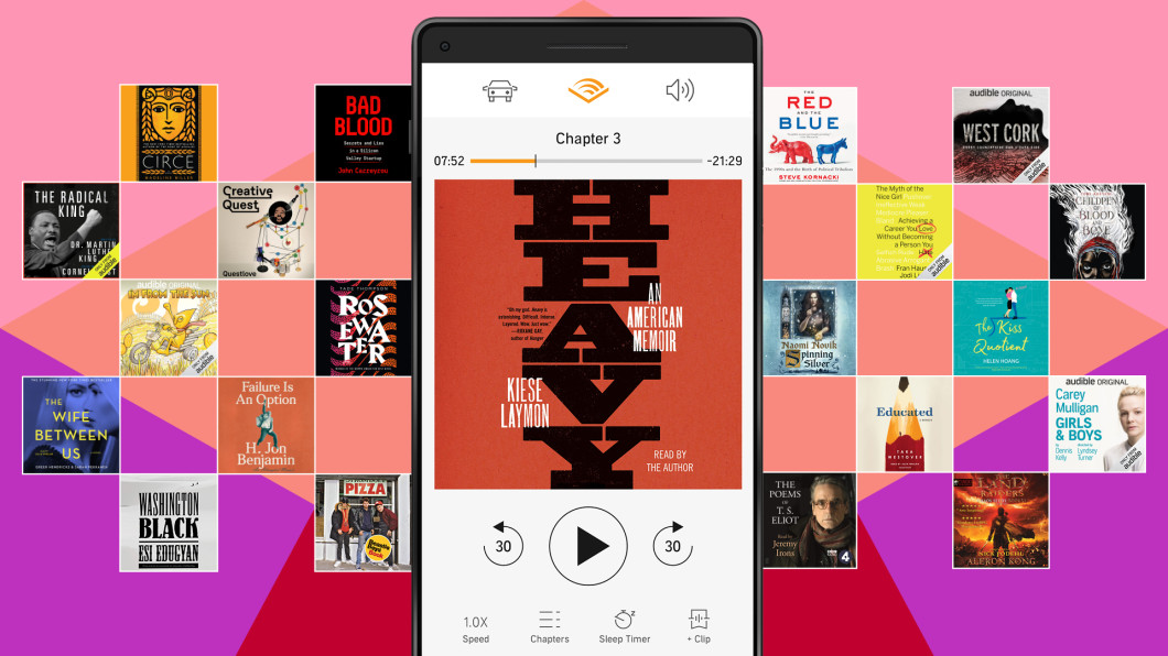 A collage of the "Best of 2018" audiobook covers with the audiobook "Heavy" displayed on a phone in the foreground.