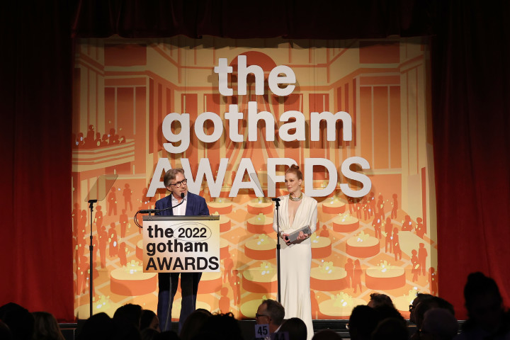 Don Katz and Julianne Moore are on stage at the Gotham Awards 2022