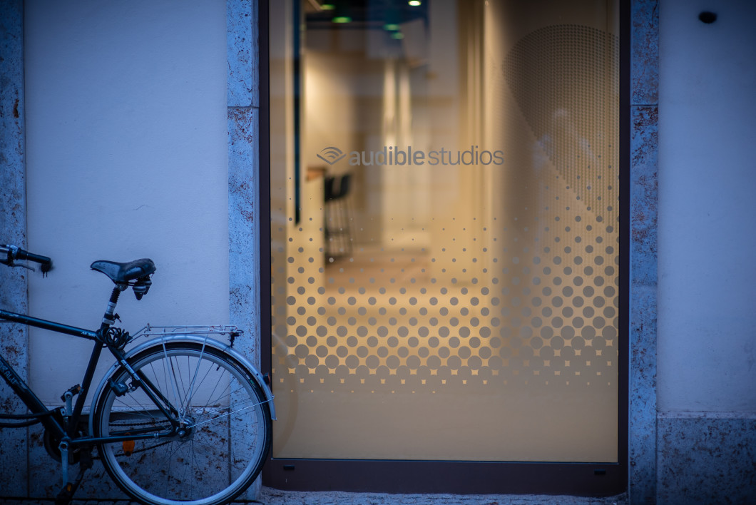 A bicycle is parked outside of the Audible studio in Berlin, Germany. 