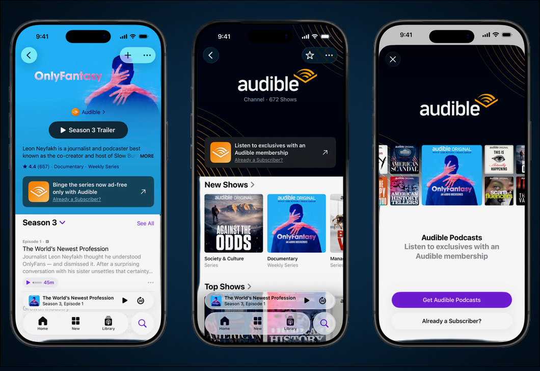A demo image showing how Audible members can listen to some titles in the Apple Podcasts app.