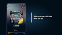 A demo image showing Audible's beta feature which allows listeners to ask questions about eligible classic stories and public domain titles in the app.