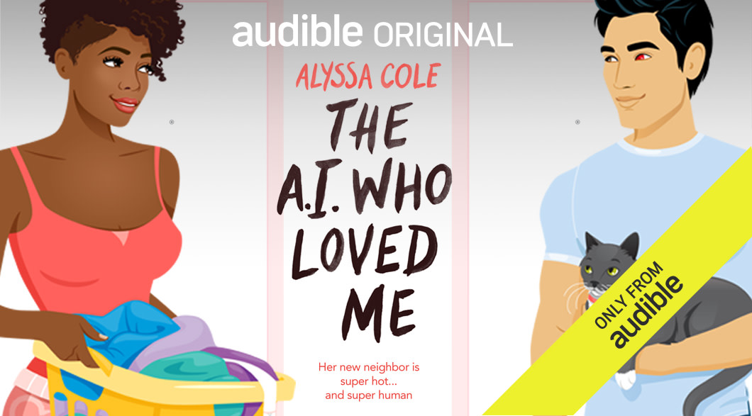 The cover art for the audiobook with the title of the book and an illustrated drawing of a girl and a guy staring longingly at each other. The girl is holding a full laundry basket and the guy a grey and white cat. 