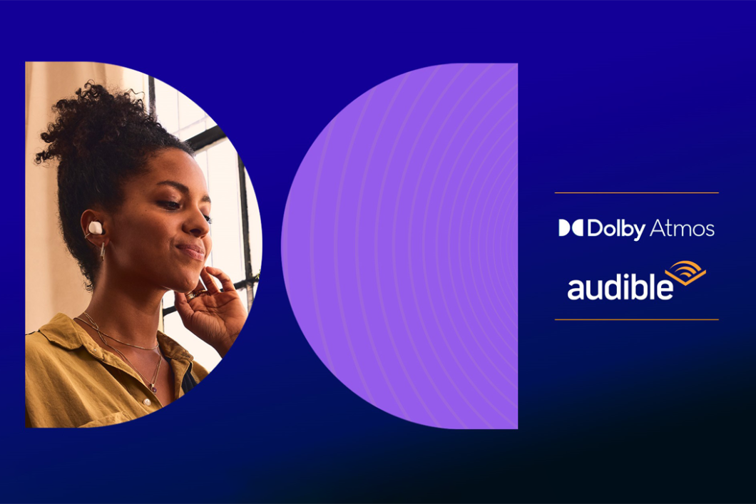 The Dolby Atmos and Audible logos are on the right, against a blue to black gradient background. On the left is the Dolby brand icon, enlarged, with an image of a woman wearing Apple AirPods.