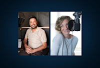 Award-winning narrators Luke Daniels (l) and Khristine Hvam (r) in the studio.