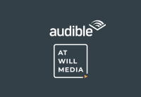 The Audible logo in white and the At Will Media logo in white are stacked above each other. 