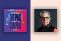 The book cover set against a purple background on the left, a photo of Deepak Chopra set against a cream background on the right.