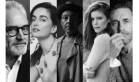 Black and white photos of actors Bradley Whitford, Ana de la Reguera, Giancarlo Esposito, Kate Mara, and Jon Hamm are aligned side by side. 