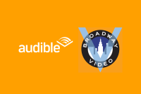 The Audible logo and the Broadway Video logo are next to each other on an Audible orange background.