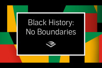 Set on a geometric pattern of black, green, yellow and red, lays a call out box that reads "Black History: No Boundaries." The Audible logo lays below in the center.