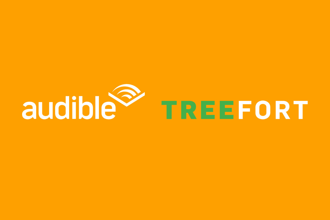 The Audible and Treefort logo sit side-by-side, white text against an orange background. Aubible's logo has a chevron at the end. The tree in treefort is green. 