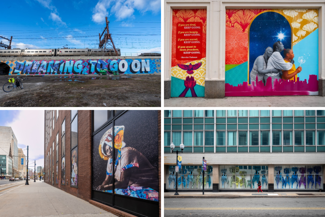 collage of four colorful public artworks