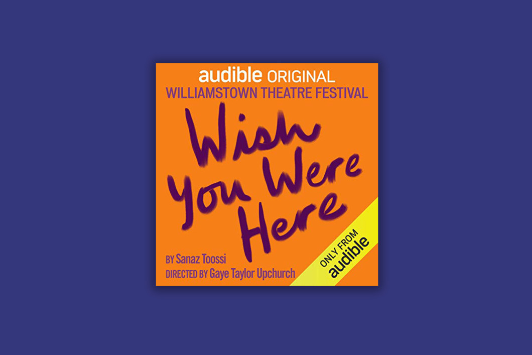 The cover art for the Audible Original "Wish You Were Here" sits against a purple background. The cover is orange with purple text written across it with the title name.