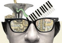 The bottom half of the image shows a person's face -- their nose and ears and their eyes covered with sunglasses. The glasses reflect an illustration, full of pipes like a steam room. The top of the person's head is gone, and where their brain would be there are instruments--a keyboard, the top of the horn of a tuba--and also more pipes and what looks like a green octopus tendril.