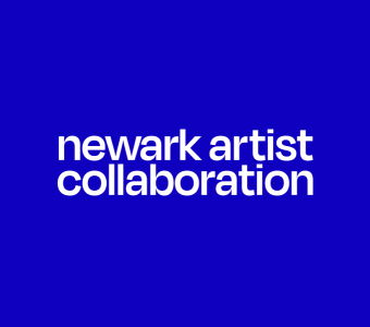 Bright blue background with the words "newark artist collaboration" in white text.