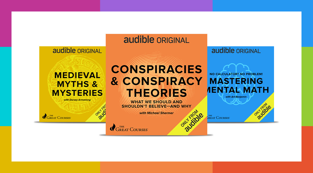Three audiobook covers for The Great Courses sit side-by-side with the names of their titles on their yellow, orange and blue covers.