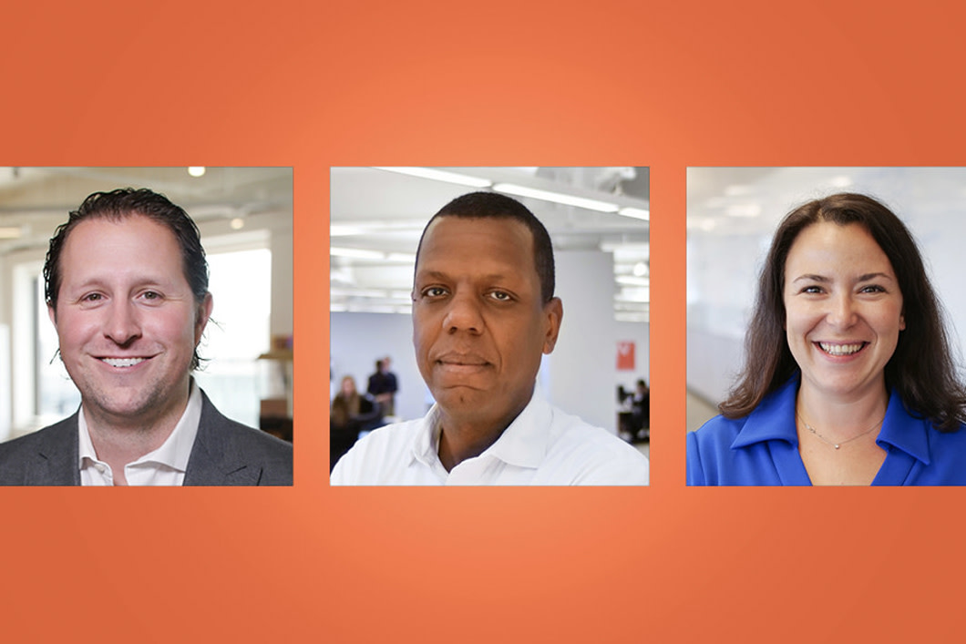 Headshots of the three NVP startup founders appear against an orange background