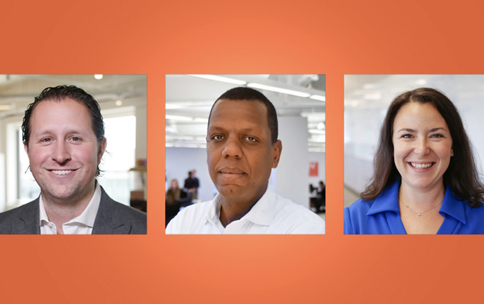 Headshots of the three NVP startup founders appear against an orange background
